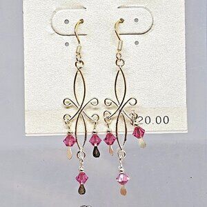 925 Sterling Silver - Pink Crystal Dangle Earrings Romantic Boho New